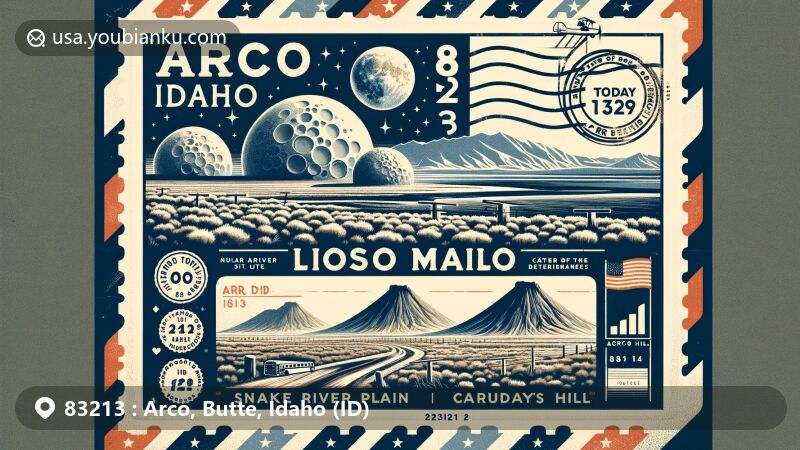 Modern illustration of Arco, Idaho, ZIP code 83213, intertwining geographic and cultural heritage with postal themes, featuring Snake River Plain, Lost River Range, Craters of the Moon National Monument, Number Hill, and vintage air mail envelope.