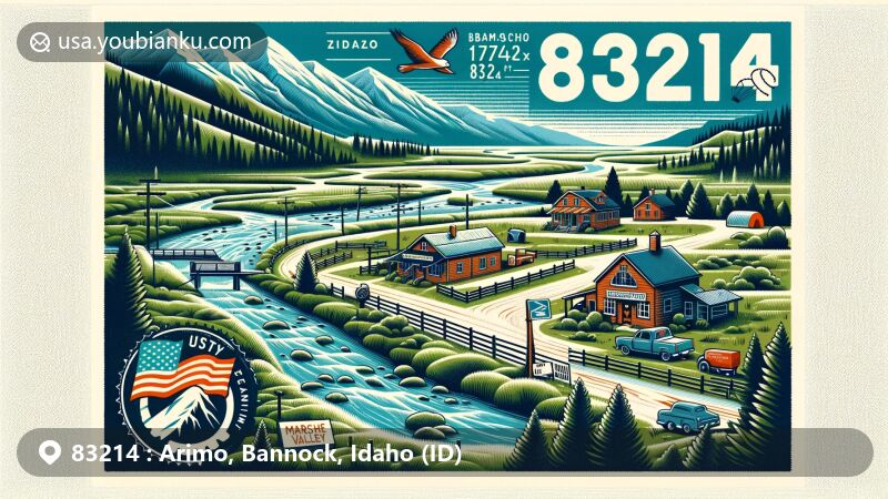 Modern illustration of Arimo, Bannock County, Idaho, capturing the essence of rural charm with elements like Marsh Valley and Rocky Mountains at 4,744 feet elevation, designed as a vintage air mail postcard highlighting ZIP code 83214.