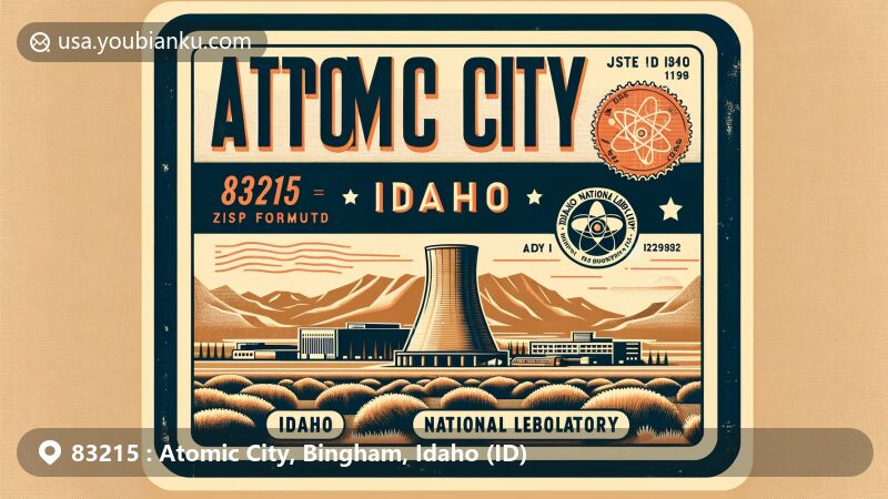 Modern illustration of Atomic City, Bingham County, Idaho (ID), representing ZIP code 83215 with nod to Idaho National Laboratory and arid landscape, featuring nuclear reactor silhouette and state flag.