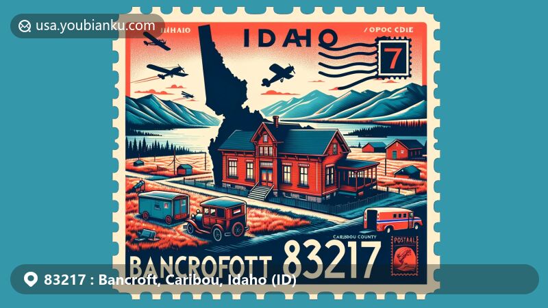 Modern illustration of Bancroft, Caribou County, Idaho, showcasing postal theme with ZIP code 83217, featuring red brick schoolhouse and Idaho scenic landscapes.