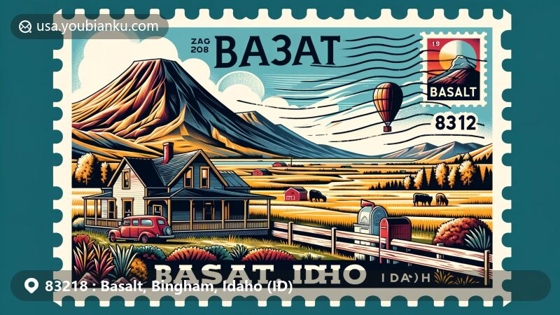 Modern illustration of Basalt, Bingham County, Idaho, featuring rural landscape and postal theme with ZIP code 83218, showcasing Basalt's small-town charm and volcanic rock formations.