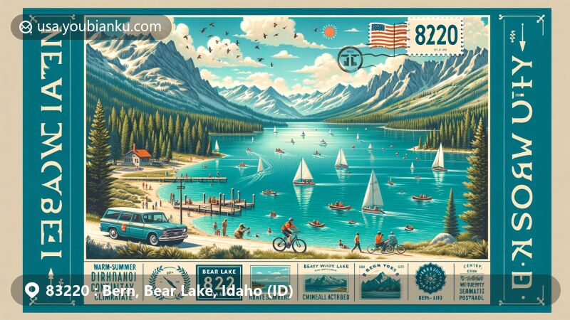 Modern illustration of Bern, Bear Lake County, Idaho, highlighting scenic beauty of Bear Lake and outdoor activities like boating and biking, with postal elements showcasing ZIP code 83220.