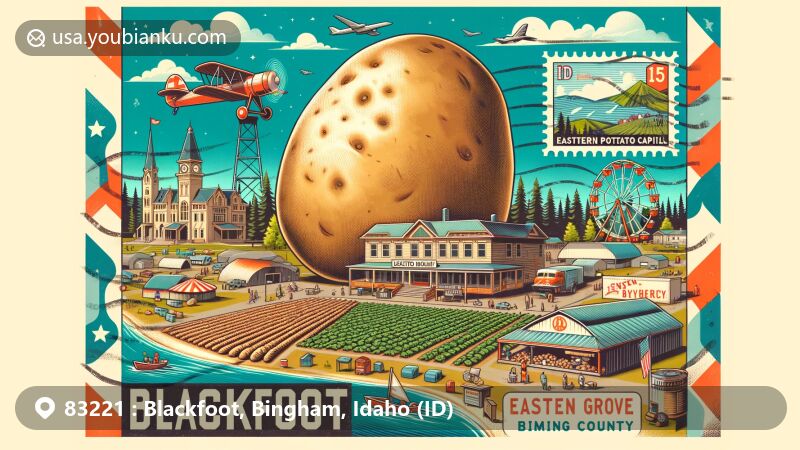 Modern illustration of Blackfoot, Bingham, Idaho, depicting key landmarks and cultural symbols, showcasing the unique identity as the 'World's Potato Capital'. Features Idaho Potato Museum with iconic gigantic potato sculpture, vast agricultural landscapes with potato fields under the open sky. Includes Jensen Grove Park with pond and recreational activities like water skiing and picnicking. Highlights elements of Eastern Idaho State Fair such as Ferris wheel, agricultural displays, and festive ambiance, all integrating postal theme with vintage airmail envelope backdrop adorned with Idaho-themed stamp, Blackfoot, ID 83221 postmark, and postal airplane. Celebratory and community-oriented style celebrating the natural beauty of the region.