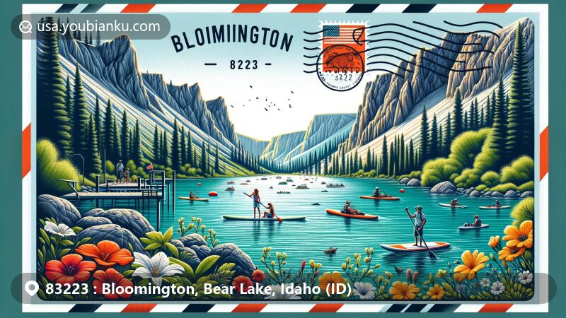 Modern illustration of Bloomington, Bear Lake County, Idaho, featuring picturesque Bloomington Lake surrounded by jagged ridgelines and lush greenery, showcasing trout fishing and paddle boarding activities.