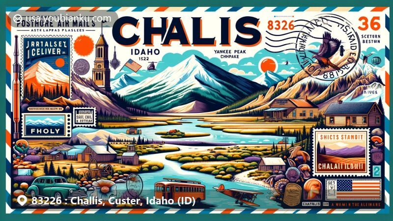 Modern illustration of Challis, Idaho, in Custer County, with ZIP code 83226, showcasing semi-arid climate, rugged mountains, Salmon River scenery, Borah Peak earthquake history, Land of the Yankee Fork State Park, and ghost towns from frontier mining era.