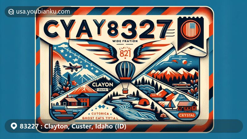 Stylized airmail envelope illustration for Clayton, Idaho with Salmon River, Custer County outline, and nod to Crystal ghost town, featuring vintage airmail motif in red and blue stripes against Rocky Mountains backdrop.