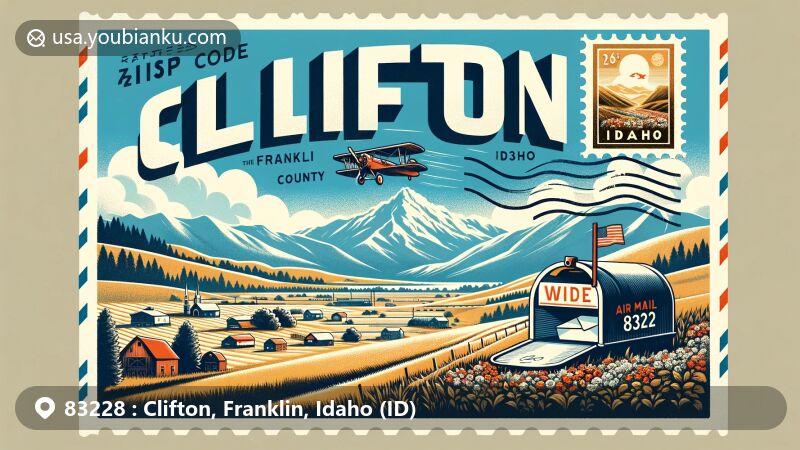 Modern illustration of Clifton, Franklin County, Idaho, featuring postal theme with ZIP code 83228, Bannock Mountain Range, and Idaho state symbols.