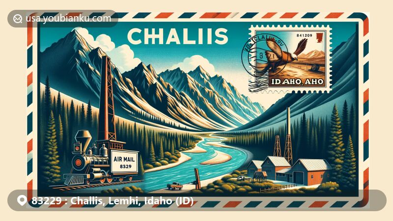 Modern illustration of Challis, Lemhi, Idaho (ID), featuring mountain landscapes, mining history, and Sacagawea, depicted with an air mail envelope. Includes Salmon River, Idaho state flag, postal cancellation mark, and vintage postage stamp.