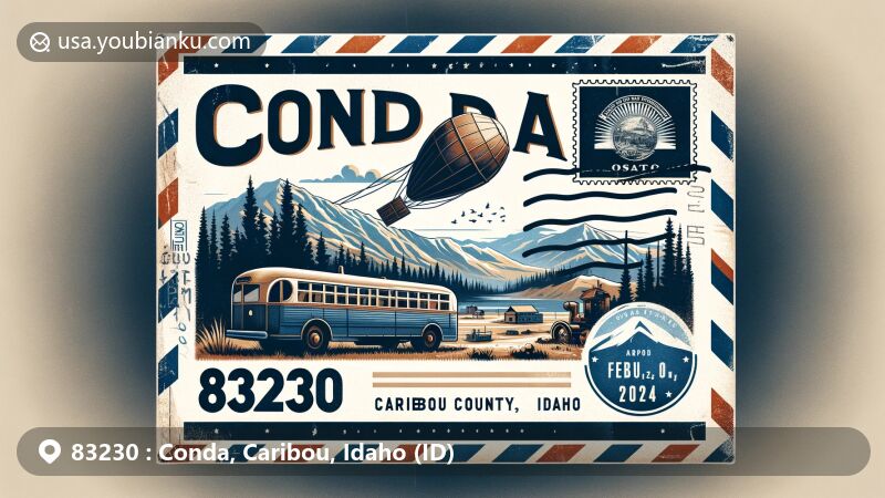 Modern illustration of Conda, Caribou County, Idaho, with vintage airmail envelope showcasing ZIP code 83230, featuring 'The Conda Bus' and Idaho state flag.