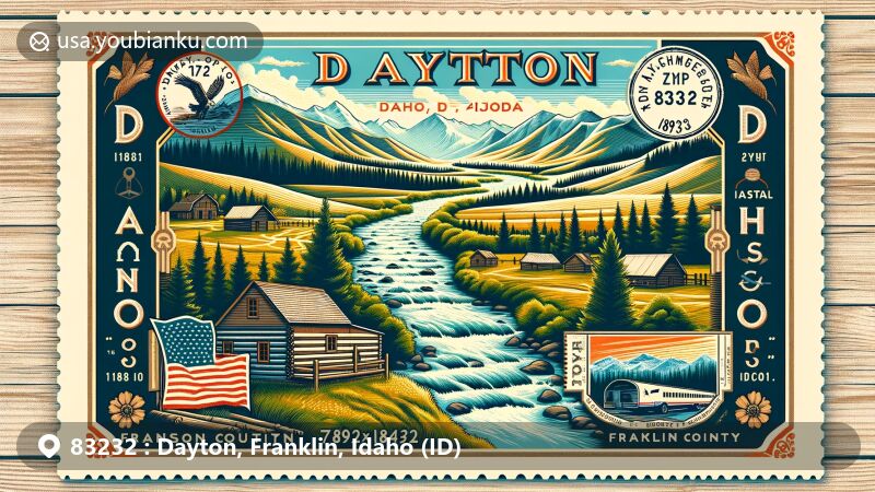 Illustration of tranquil Dayton, Franklin County, Idaho, blending natural beauty with postal theme featuring ZIP code 83232, Bannock Mountains, Five Mile Creek, and historical log cabin, set in a vintage postcard layout with Idaho state flag and Franklin County silhouette.