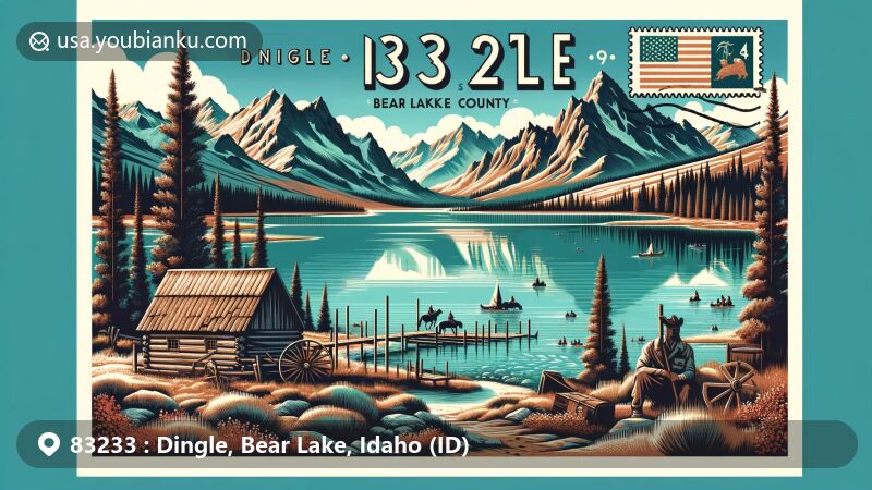 Modern illustration of Dingle, Bear Lake County, Idaho, highlighting postal theme with ZIP code 83233, showcasing Bear Lake, Rocky Mountains, 'Bear Lake Monster,' trading post, Oregon Trail, vintage postcard format, Bear Lake State Tabernacle, and postal mark.