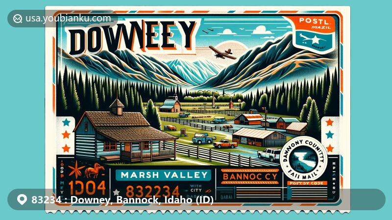 Modern illustration of Downey, Idaho, showcasing postal theme with ZIP code 83234, featuring Marsh Valley, Coffin cabin in City Park, and Bannock County Fairgrounds.