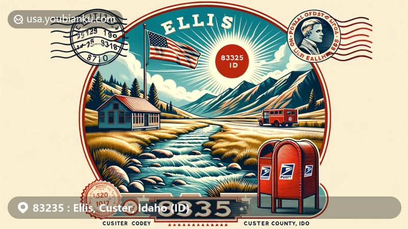 Modern illustration of Ellis, Custer County, Idaho, depicting scenic beauty with mountains and river, vintage post office building, postal elements, Idaho state flag stamp, and red mailbox.