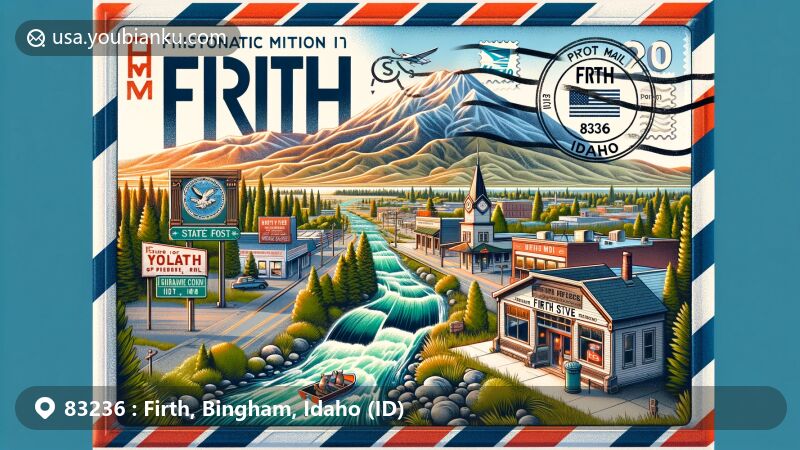 Modern illustration of Firth, Idaho, showcasing postal theme with ZIP code 83236, featuring scenic landscape with North State Street sign, Blackfoot Mountains, Snake River, and Idaho state flag.