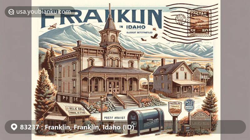 Modern illustration depicting the oldest continually inhabited town in Idaho linked to ZIP code 83237, showcasing Mormon pioneer heritage with iconic landmarks like Relic Hall, ZCMI store, and Hatch House, against Idaho's scenic backdrop.