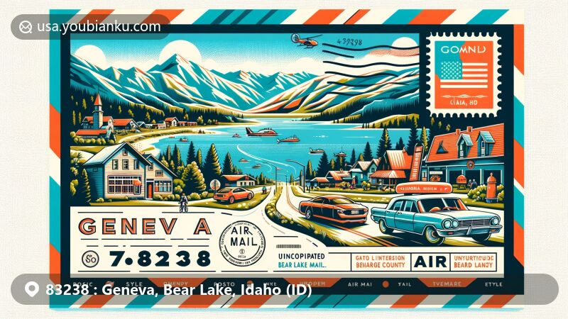 Modern illustration of Geneva, Idaho, near ZIP code 83238, featuring Rocky Mountains, Bear Lake, and Bear Lake Monster legend, with postal elements like postage stamp and air mail markings.
