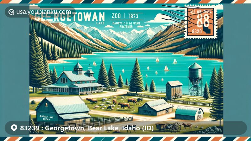 Vibrant illustration of Georgetown, Idaho, with ZIP code 83239, featuring Bear Lake waters, historical marker, Daughters of the Utah Pioneer Museum, and agricultural heritage.