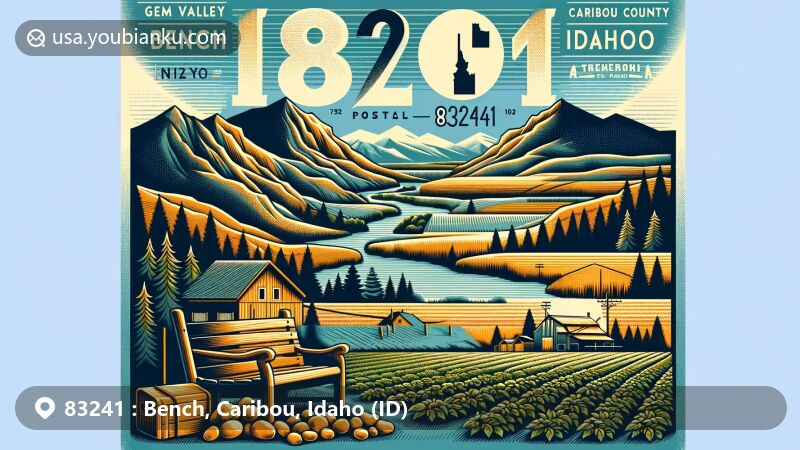 Modern illustration of the Bench and Grace areas in Caribou County, Idaho, showcasing Gem Valley, Bear River, agriculture, basalt cliffs, and vintage postal elements with ZIP code 83241.