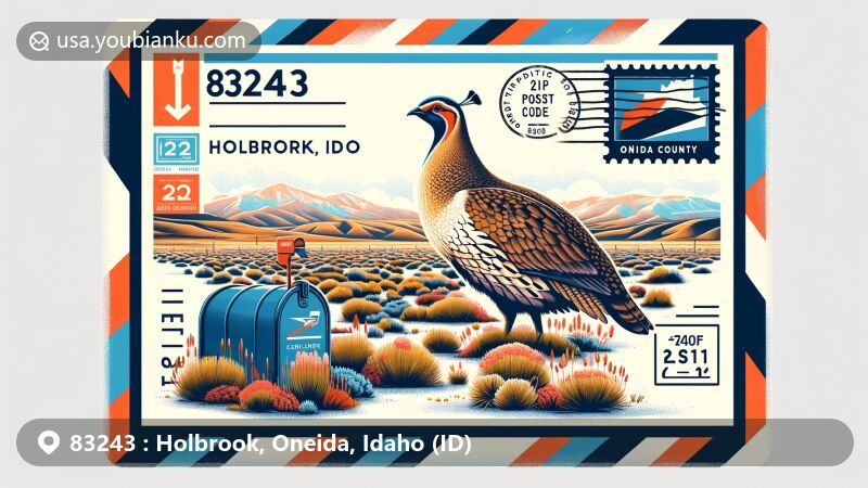 Modern illustration of Holbrook, Oneida County, Idaho, featuring airmail envelope with ZIP code 83243, showcasing Curlew National Grasslands and Sage and Sharp Tail Grouse courtship dance.
