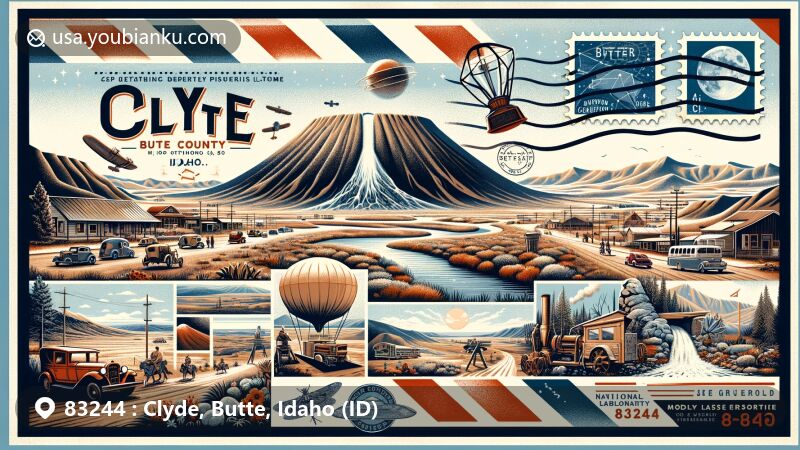 Modern creative postcard illustration of Clyde, Butte County, Idaho, featuring vintage airmail envelope with Big Southern Butte, Craters of the Moon, Snake River, and Idaho National Laboratory, surrounded by motifs of Idaho's nature.