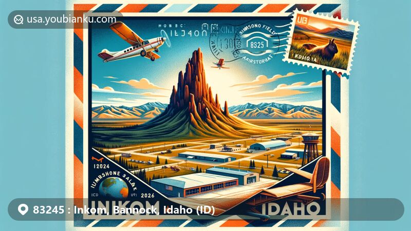 Modern illustration of Inkom, Bannock County, Idaho, depicting landmark features like the 'Red Hare' rock formation and Simko Field Airport, alongside postal elements like an airmail envelope, Idaho state flag stamp, and ZIP code 83245.