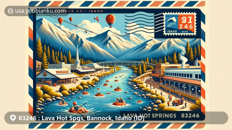 Modern illustration of Lava Hot Springs, Bannock County, Idaho, featuring geothermal hot springs, Portneuf River activities, downtown scene, and postal-themed elements with ZIP code 83246.