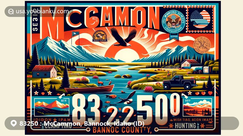 Modern illustration of McCammon, Idaho, in Bannock County with ZIP code 83250, depicting small-town charm, outdoor activities, Snake River Valley, and mountains, featuring a stylized postal envelope highlighting Idaho state flag, Bannock County outline, and local flora/fauna.