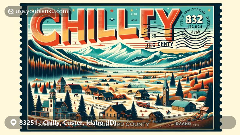 Modern illustration of Chilly, Custer County, Idaho, capturing the essence of the area with landscapes, historic Custer ghost town, and postal motifs like vintage stamp and air mail envelope, showcasing ZIP Code 83251.