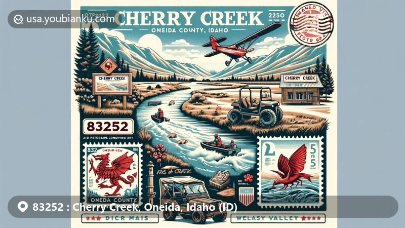 Modern illustration of Cherry Creek, Oneida County, Idaho, showcasing postal theme with ZIP code 83252, featuring Cherry Creek's landscape, reservoirs, and outdoor activities, as well as Malad Valley Heritage Square celebrating Welsh culture.