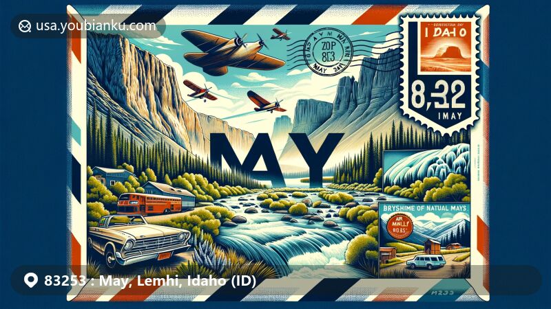 Modern illustration of May, Lemhi, Idaho (ID), showcasing Pahsimeroi River, Shoshone Ice Caves, City of Rocks National Reserve, and Salmon River, melding natural landmarks with postal themes and vintage air mail envelope featuring ZIP code 83253.