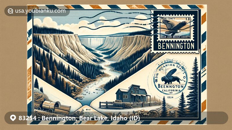 Modern illustration of Bennington, Bear Lake County, Idaho, featuring Bennington Canyon and the National Oregon/California Trail Center, with a vintage postal theme.