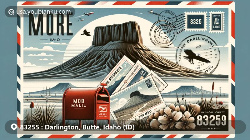Modern illustration of Moore and Darlington, Butte County, Idaho, blending local geography and landmarks with postal theme, featuring Big Southern Butte, vintage air mail envelope with Idaho State Flag and volcanic buttes silhouette.