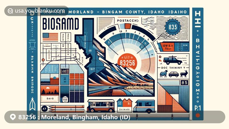 Modern illustration of Moreland, Bingham County, Idaho, with geographic features highlighting the location within the state. Symbolic imagery representing natural beauty and rural character, combined with postal elements like postage stamp and ZIP code 83256.