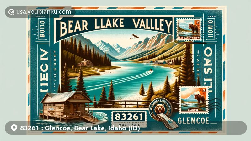 Modern illustration of Bear Lake Valley, Idaho, showcasing ZIP code 83261, Glencoe, and Bear Lake County, highlighting turquoise waters and scenic views within a vintage postal card design.