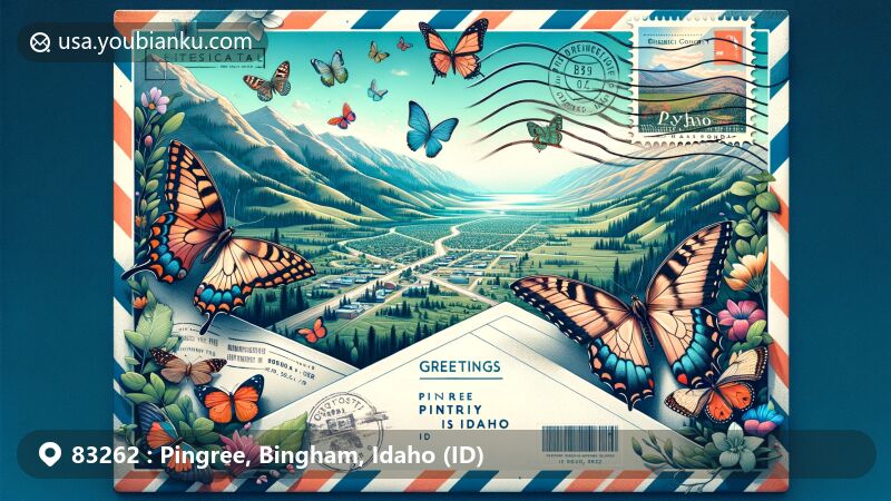 Modern illustration of Pingree, Bingham County, Idaho, highlighting The Butterfly Haven surrounded by colorful butterflies, symbolizing natural beauty and biodiversity, with vintage air mail envelope featuring Idaho state flag stamp and 'Greetings from Pingree, Idaho'.