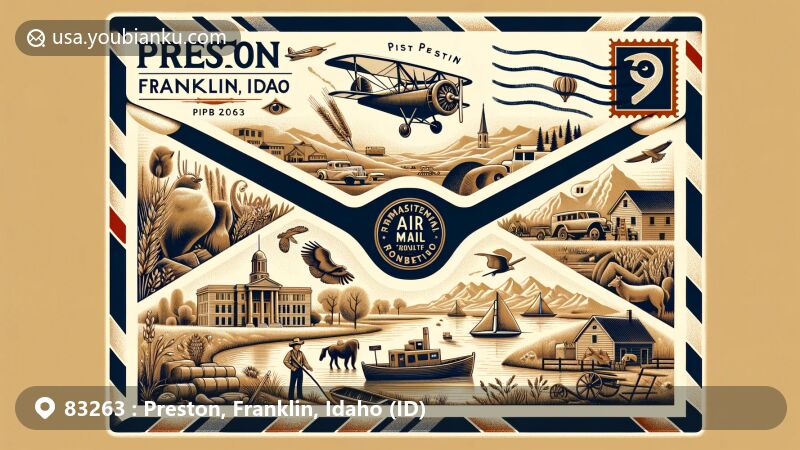 Modern illustration of Preston, Franklin County, Idaho, featuring vintage air mail envelope with landmarks like Preston Night Rodeo, Oneida Narrows Reservoir, and Preston High School from Napoleon Dynamite, along with local wildlife and natural beauty.