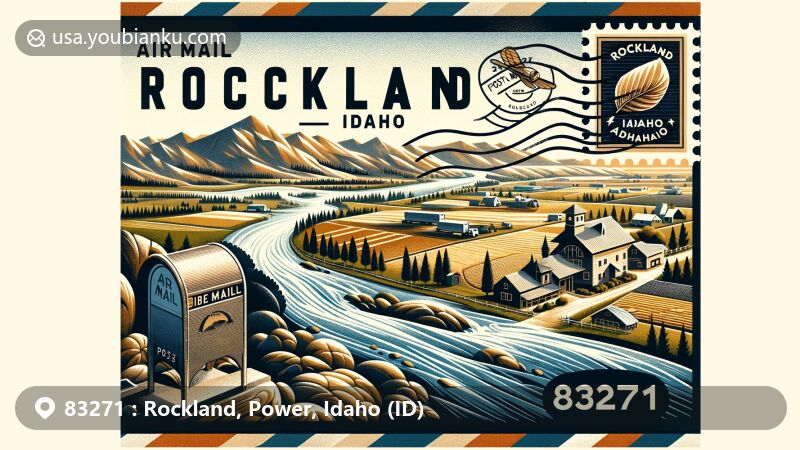 Modern illustration of Rockland, Idaho, featuring air mail envelope design with landscapes of Rock Creek, agricultural traditions, mailbox, postage stamp, and ZIP code 83271.