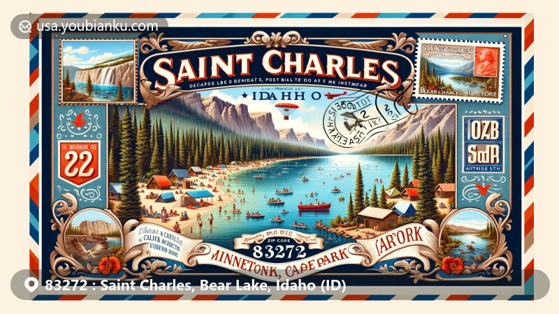 Vintage-style airmail envelope tribute to Saint Charles, Idaho, ZIP code 83272, featuring Bear Lake, Minnetonka Cave, and Bear Lake State Park with campers and water activities.