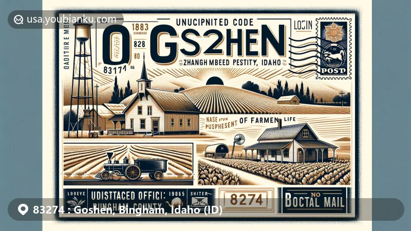 Creative illustration of Goshen, Bingham County, Idaho, combining postal elements with local culture, depicting historical settlement in 1883, post office from 1896 to 1905, and agricultural heritage, symbolizing prosperity and resilience.