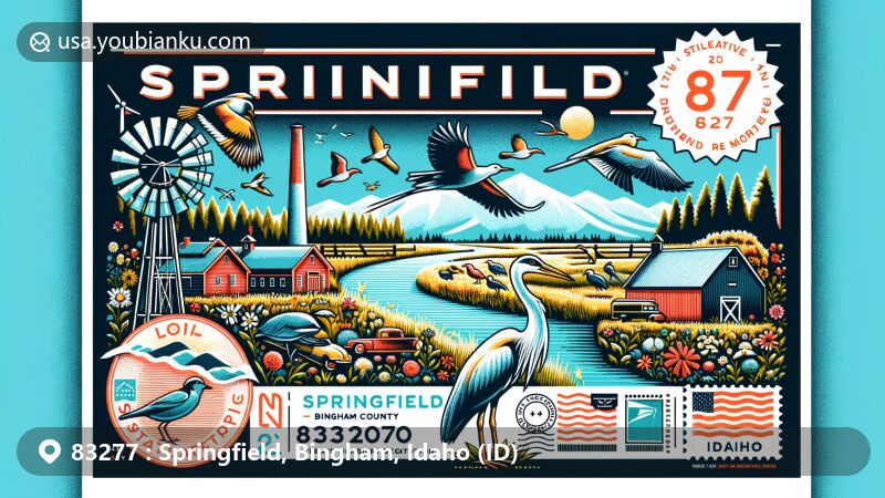 Modern illustration of Springfield, Bingham County, Idaho, postcard design with ZIP code 83277, featuring Springfield Bird Haven and iconic Idaho symbols.