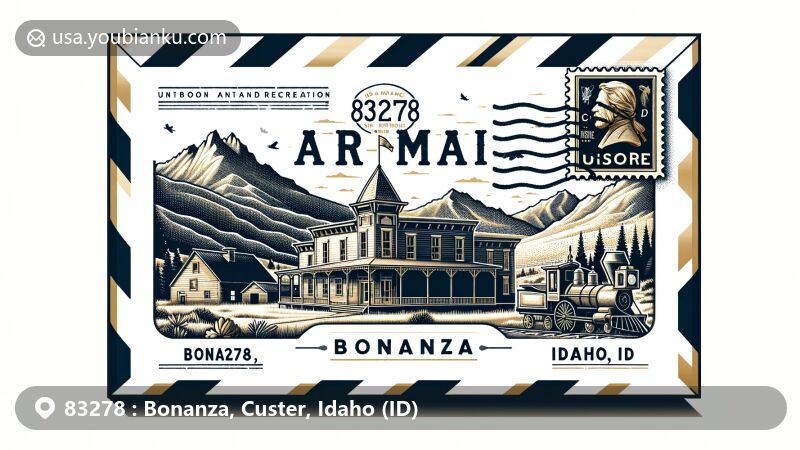 Modern illustration of Bonanza, Custer, Idaho (ID), inspired by ZIP code 83278, featuring airmail envelope with gold-rush era museum from Custer, Sawtooth National Recreation Area backdrop, Custer ghost town stamp, and postmark with current date.