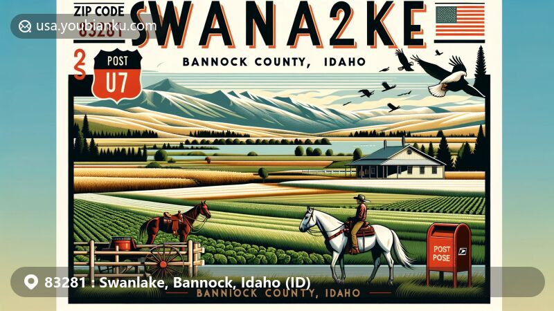 Modern illustration of Swanlake, Bannock County, Idaho, showcasing rural charm with equestrian and agricultural themes, including the Swanlake post office, Idaho's scenic beauty, and state symbols.