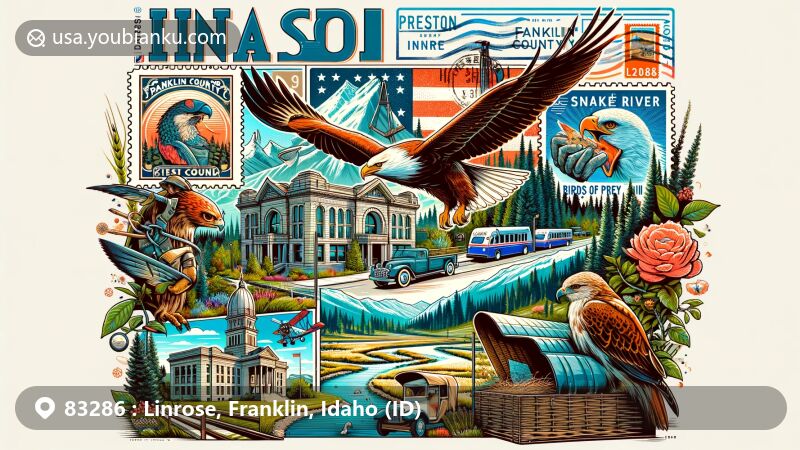 Modern illustration of Linrose, Franklin County, Idaho, inspired by ZIP code 83286, incorporating historical, natural, and postal elements like Franklin County Courthouse, Snake River Birds of Prey National Conservation Area, vintage air mail envelope, Idaho state flag stamp, and ZIP code postmark.