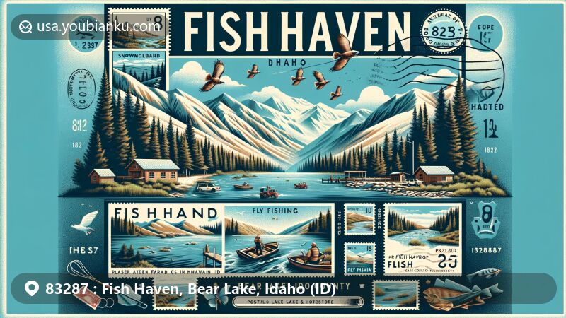 Modern illustration of Fish Haven, Bear Lake County, Idaho, capturing the essence of the area with Bear Lake's shimmering waters, mountains, valleys, forests, creeks, and recreational activities like snowmobiling, ATV riding, mountain biking, and fly fishing in Fish Haven Creek. Features vintage postcard theme with ZIP code 83287, local wildlife stamps, and cancellation mark.