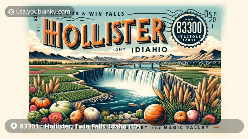 Modern illustration of Hollister and Twin Falls, Idaho, showcasing Perrine Bridge, Shoshone Falls, native grasses, and 'melon' boulders, representing area's natural beauty and agricultural heritage.