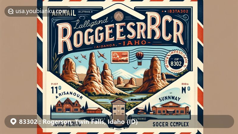 Modern illustration of ZIP code 83302 in Rogerson, Idaho, designed as an airmail envelope with postal elements, showcasing Balanced Rock Park and local attractions like Idaho Heritage Museum and Sunway Soccer Complex.