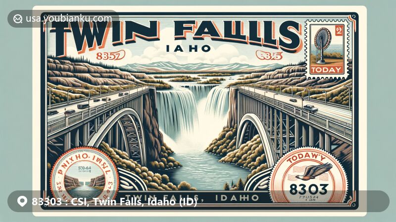 Modern illustration of Twin Falls, Idaho, capturing the natural beauty of Snake River Canyon, Perrine Bridge, and Shoshone Falls, blended with postal culture. Features '83303' ZIP code, postcard design with stamp elements, and today's date stamp.