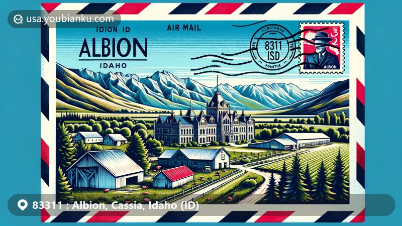 Modern illustration of Albion, Idaho area with ZIP code 83311, featuring Albion and Cottrell Mountains, East Hills, historic buildings of Albion State Normal School, farmlands, and postal elements like postage stamp with Idaho state flag and postmark.