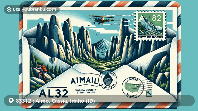 Modern illustration of Almo, Cassia County, Idaho, showcasing postal theme with ZIP code 83312, featuring City of Rocks National Reserve, granite columns, climbers, and Almo postmark.