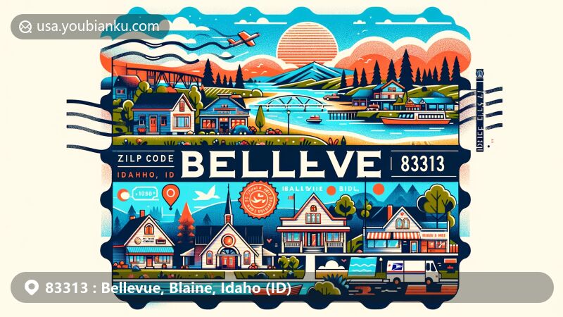 Modern illustration of Bellevue, Blaine County, Idaho, resembling a postcard or air mail envelope, showcasing small-town charm with boutiques, restaurants, hiking trails, riverside parks, countryside views, and summer sunsets.